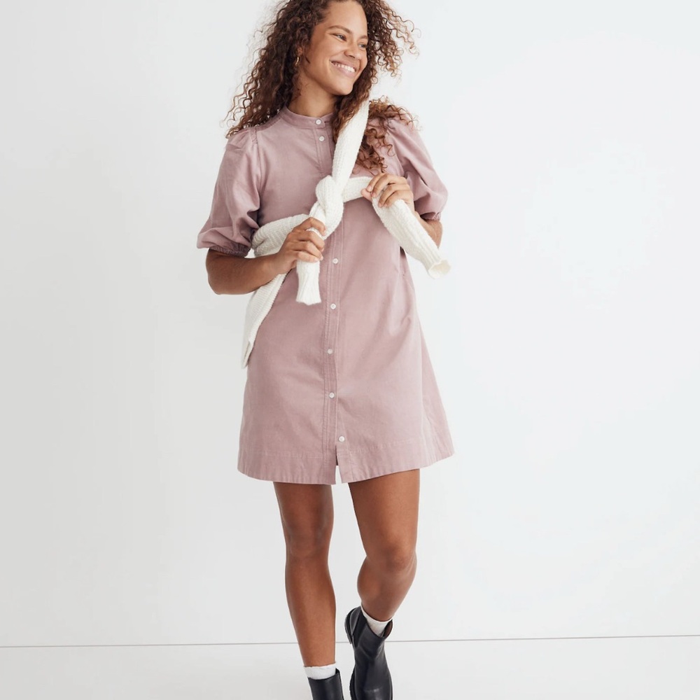 Madewell Button Muted soft  Pink Corduroy Puff-Sleeve Mini Dress small xxs